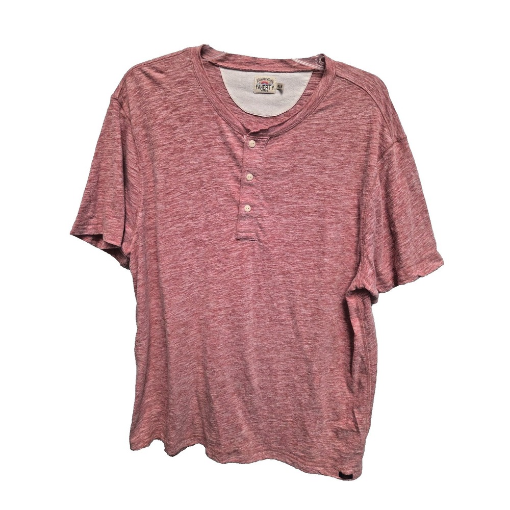 Faherty Mens Henley Shirt XL Pink/Red Heathered Slub Coastal Surf Short Slv‎